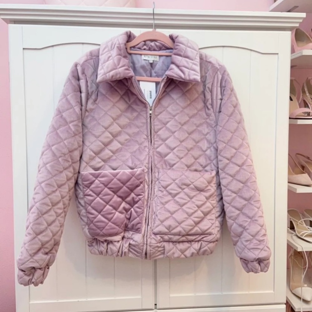 Lilac velour quilted puffer zip coat